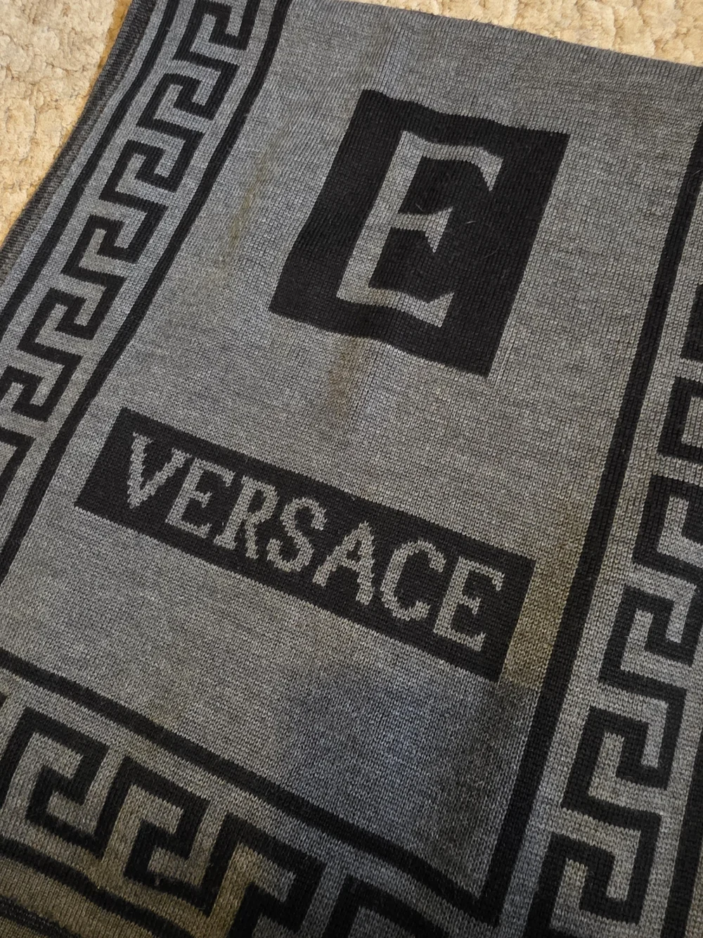 Versace Black and Gray Logo Knit Scarf